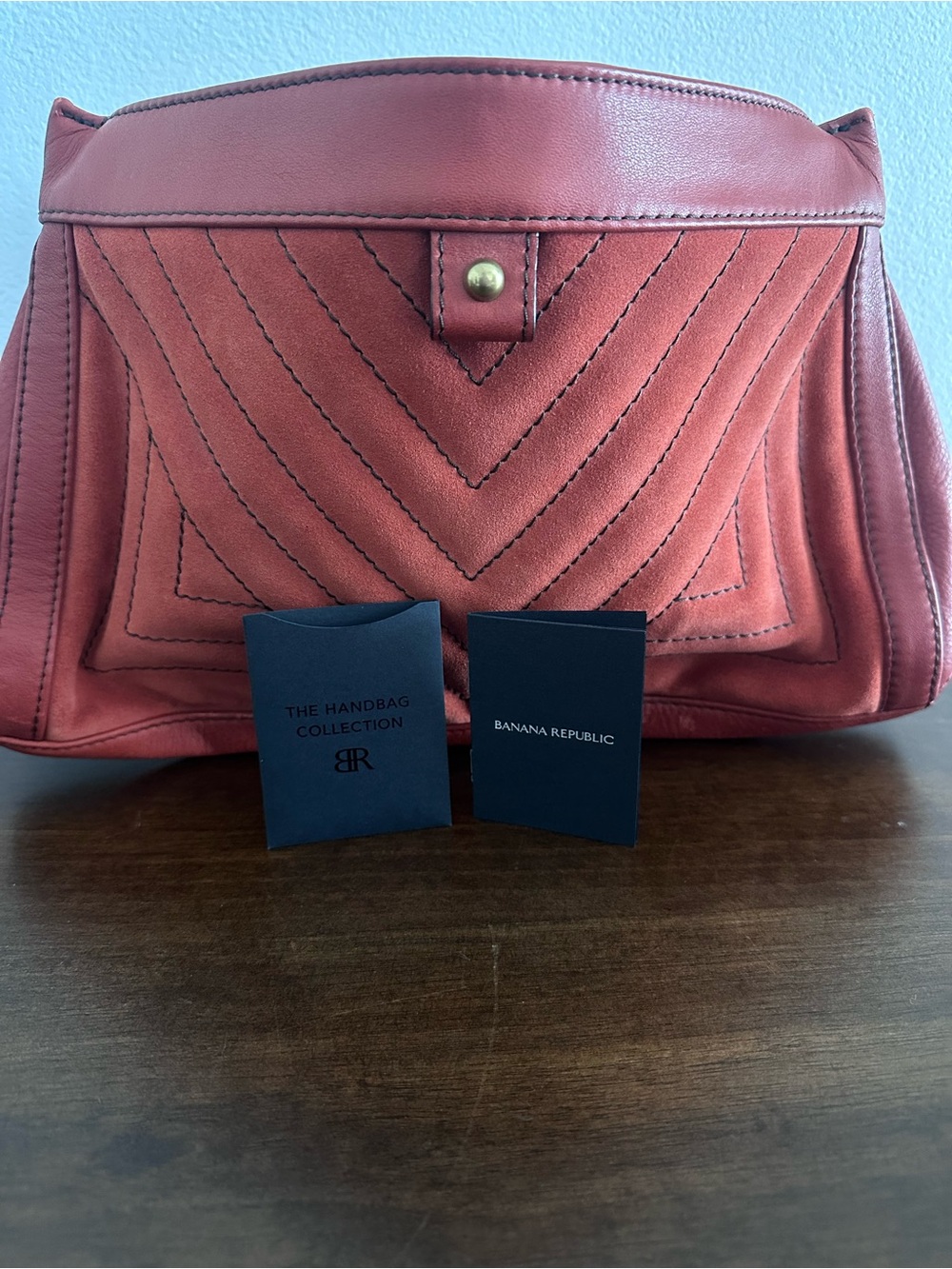 Banana Republic Quilted Brick-Red Leather and suede clutch